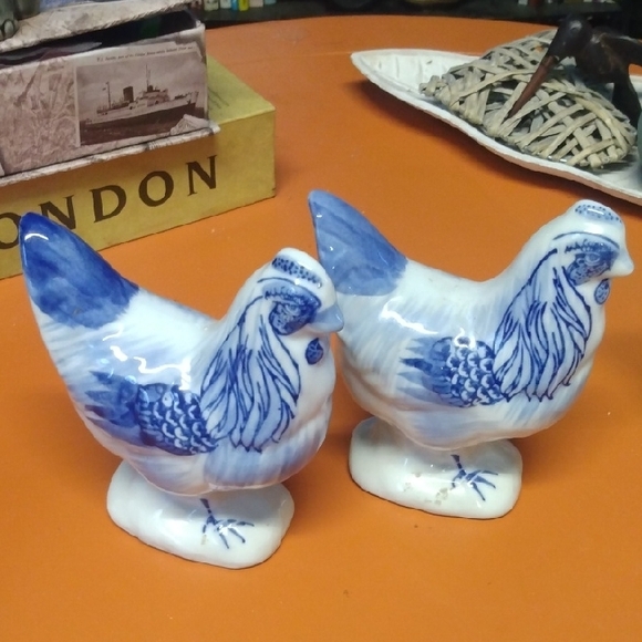 Source Unknown Other - Blue and White Ceramic Chicken Figurines